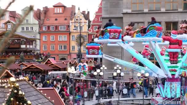 Wroclaw Poland December 2019 Crowd People Walking Ride Carousel Decorated — Stock Video