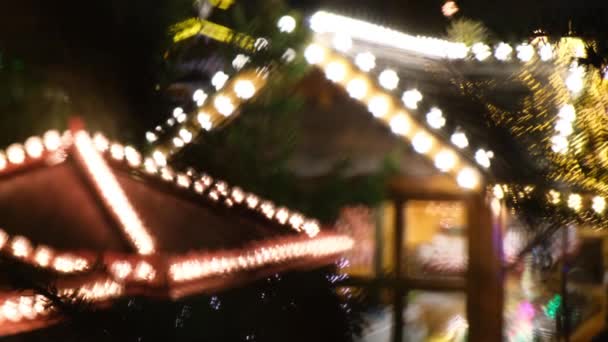 Blurred Buildings Decorated Led Christmas Lights New Year Market Night — Stock Video