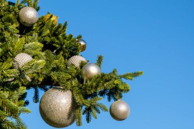 Güneşli bir yaz gününde mavi bir arka planda suni Noel ağacının dalında beyaz yeni yıl süslemeleri ve çelenkler. İnsan yok, kar yok. Boşluğu kopyala.