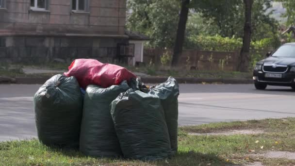 Flera Plastpåsar Fyllda Med Skräp Stadens Gata Bilar Kör Längs — Stockvideo