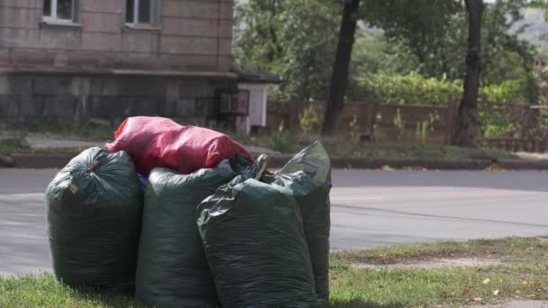 Кілька Поліетиленових Пакетів Заповнені Сміттям Міській Вулиці Автомобілі Їдуть Дорозі — стокове відео