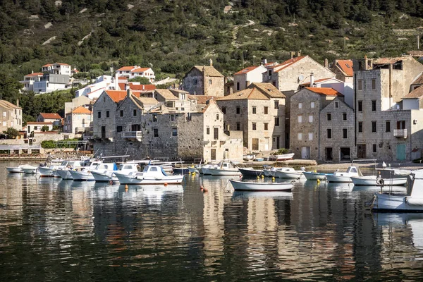 Fisherman Boats Old Stone Houses Port Komiza Island Vis Croatia — Stock Photo, Image