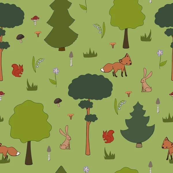 Безшовний Візерунок Лісу Деревами Тваринами — стоковий вектор