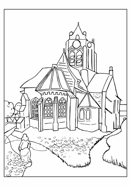 Dibujo Para Colorear Con Iglesia Auvers Basado Pintura Vincent Van — Foto de Stock
