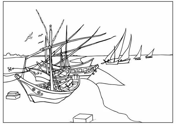 Desenho Para Colorir Com Barcos Pesca Praia Saintes Maries Baseado — Fotografia de Stock