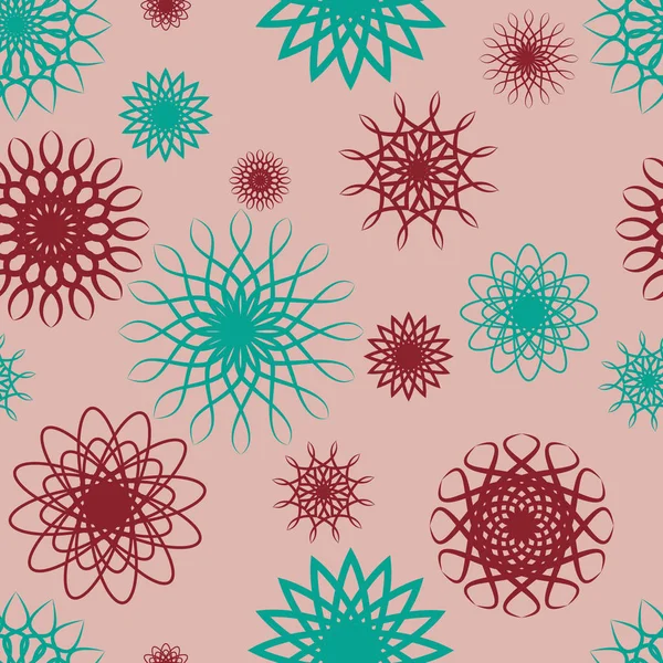 Seamless Pattern Red Cyan Fretwork Flowers Pink — Stok Vektör