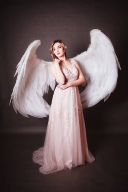 Beyaz Melek kanatlı uzun gece elbisesi giymiş güzel genç kadın. Melek kız.