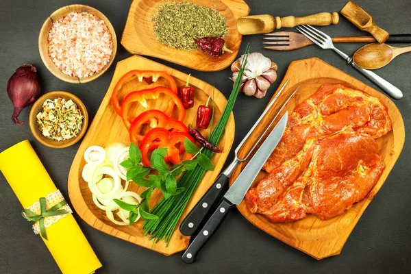 Cuello Cerdo Marinado Crudo Preparación Carne Para Asar Carne Cerdo — Foto de Stock