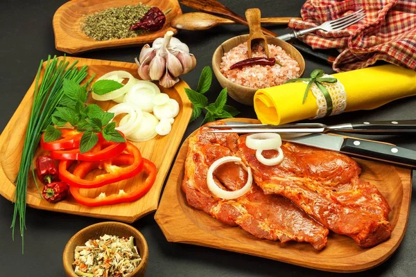 Cuello Cerdo Marinado Crudo Preparación Carne Para Asar Carne Cerdo — Foto de Stock