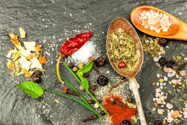 Baharat kayrak plaka üzerinde farklı türleri. Baharat satışı. Baharatlı gıda hazırlanması. Reklam baharat satıcı