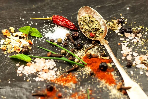 Baharat kayrak plaka üzerinde farklı türleri. Baharat satışı. Baharatlı gıda hazırlanması. Reklam baharat satıcı