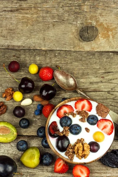Yogurt Summer Fruit Old Wooden Table Fruit Refreshment Snack Children — Stock Photo, Image