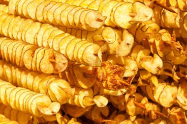 Sarmal Patates kızartma, ahşap sopa üzerinde sarmal. Gıda Market satış. Sağlıksız yiyecek kızarmış. Sokak gıda, bir spiral patates şişte kızartılmış.