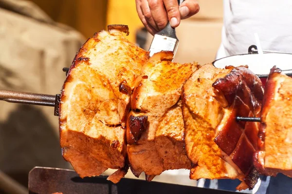 Viande Jambon Porc Est Rôtie Sur Feu Ouvert Street Czech — Photo