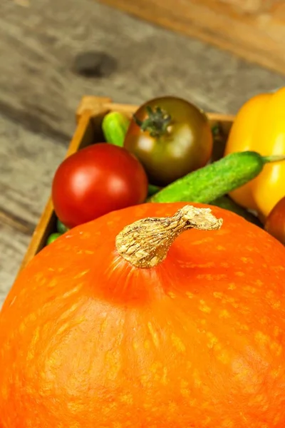 Zucca Hokkaido Una Scatola Legno Con Verdure Raccolta Verdure Azienda — Foto Stock