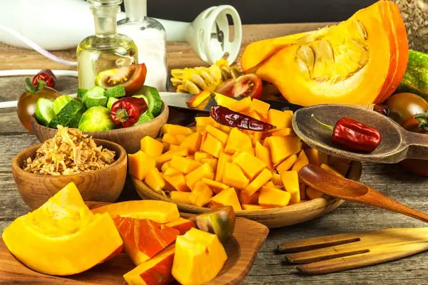 Ingredients Hokkaido Soup Tomato Chili Pepper Preparation Spicy Vegetable Soup — Stock Photo, Image