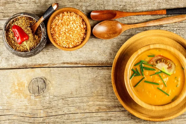 Hokkaido Pumpkin Soup Vegetarian Food Wooden Bowl Spicy Soup Old — Stock Photo, Image