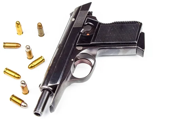 Pistolas Cubos Sobre Fundo Branco Conceito Defesa Detalhe Arma Direito — Fotografia de Stock