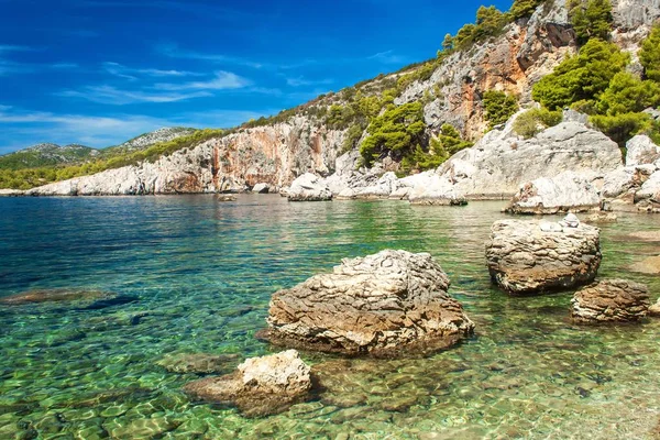 Kroatische Rotsachtige Kustlijn Kust Van Hvar Eiland Groeten Uit Zee — Stockfoto