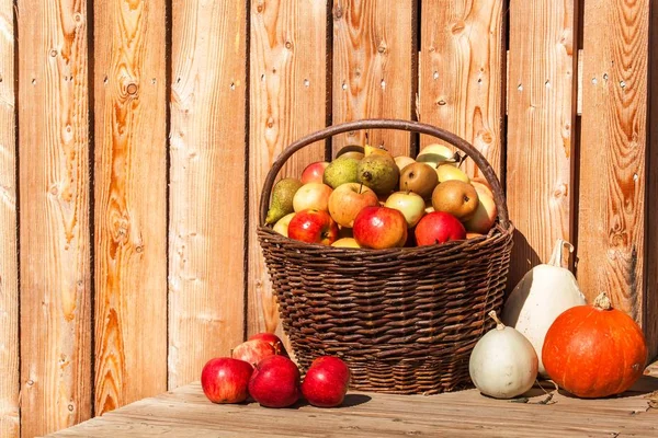 Panier Osier Avec Pommes Poires Récolte Automnale Des Fruits Fruits — Photo