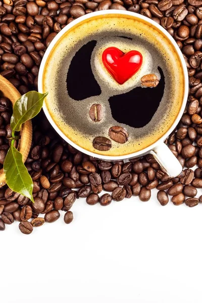 Porcelain Cup Hot Coffee Roasted Coffee Beans Heart Symbol Food — Stock Photo, Image