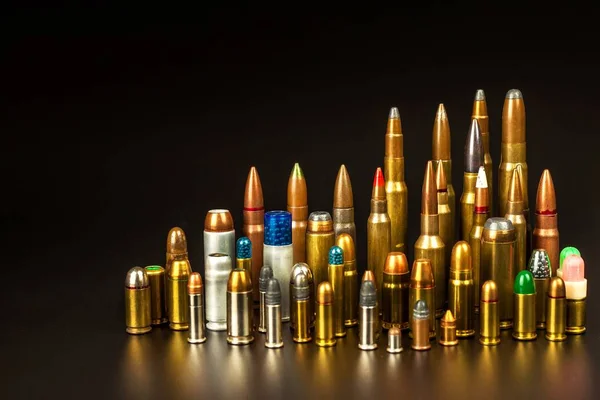 Different Types Ammunition Black Background Sale Weapons Ammunition Right Hold — Stock Photo, Image