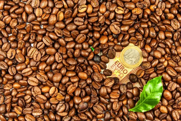 Coffee beans and money. Fair Trade. Sale of coffee. Commodity trade. Fresh coffee beans. Euro banknote
