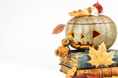 Cadılar Bayramı Balkabağı beyaz zemin üzerine kitaplar. Cadılar Bayramı Balkabağı, komik Jack O'Lantern. Kötülük ürkütücü tatil karşı karşıya.