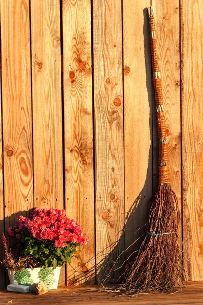 Old Wicked Broom Wooden Wall Witch Broomstick Evening Light Decoration — Stock Photo, Image