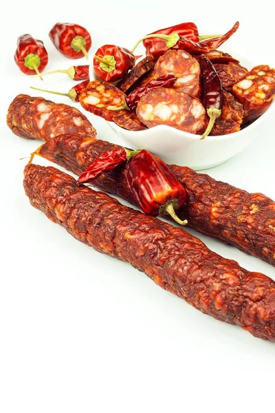 Sausages Chili Peppers Spicy Sausage Domestic Production Sausages Food Preparation — Stock Photo, Image