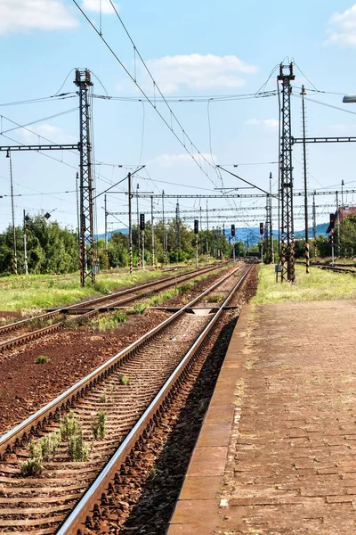 Çek Cumhuriyeti'nde boş düz demiryolu yakın. Perspektif görünümü. Beton uyuyanlar ile Demiryolu rayları. — Stok fotoğraf