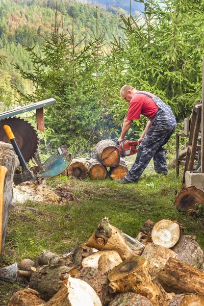 L'uomo taglia con la motosega. Preparazione legna per l'inverno. I lavoratori tagliano la legna. Riscaldamento ecologico . — Foto Stock