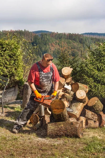 El hombre corta con motosierra. Preparando leña para el invierno. El trabajador corta madera. Calefacción ecológica . — Foto de Stock