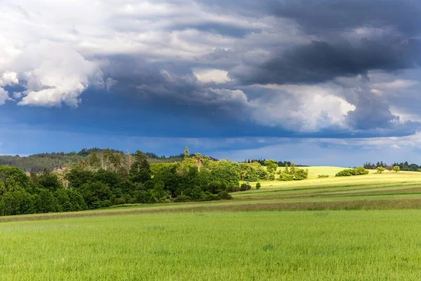 Dramatischer Himmel Über Grünem Feld Regen Vorher Die Agrarlandschaft Der — Stockfoto