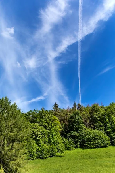Huellas Condensación Planos Cielo Sobre Bosque Verde Concepto Protección Ambiental — Foto de Stock