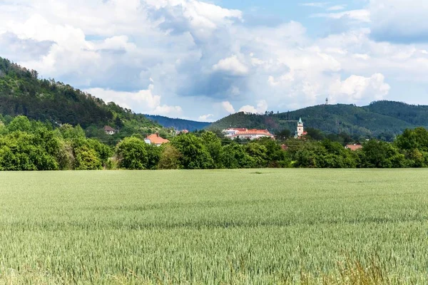 Vue Ville Tisnov République Tchèque Europe Paysage Avec Forêts Champs — Photo