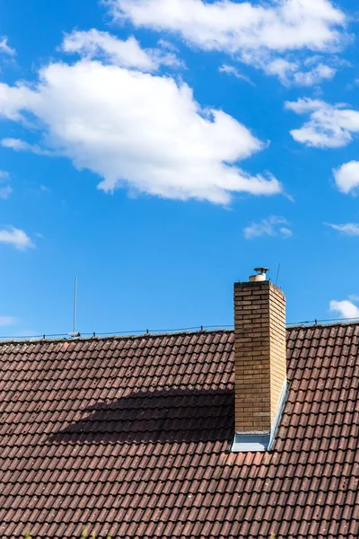 Brick Chimney Roof House Blue Sky Environmental Protection Concept Air — Stock Photo, Image