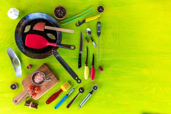 Kitchen Utensils Wooden Background Various Kitchen Utensils Wooden Table Chef — Stock Photo, Image