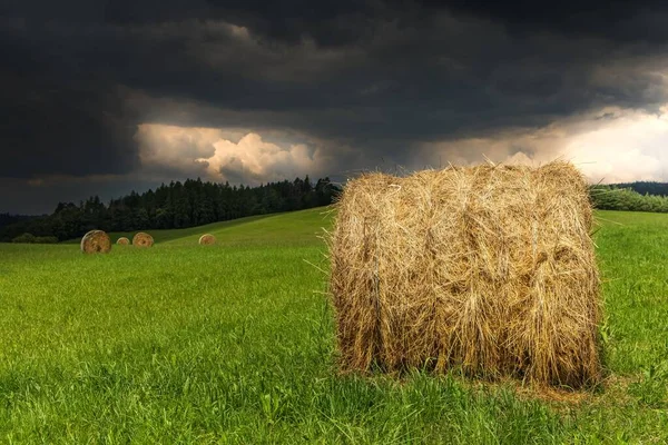 Nuvens Tempestade Dia Verão Campo Colheita Feno Quinta Fardos Feno — Fotografia de Stock