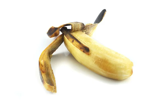 Sopra Banana Matura Frutta Banana Sbucciata Maturo Isolato Sfondo Bianco — Foto Stock