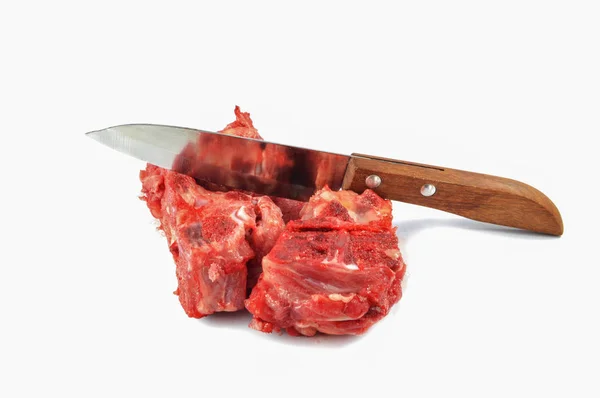 Syrové Vepřové Kosti Kuchyňským Nožem Čerstvé Kosti Pro Vaření Polévky — Stock fotografie