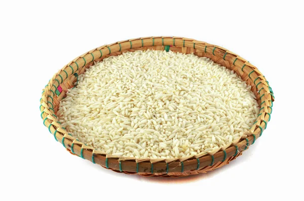 Raw Rice Bamboo Basket Isolated Thai Sticky White Rice Threshing — Stock Photo, Image