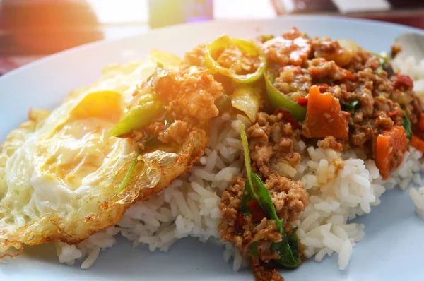 Stir Fried Pork Basil Thai Style Spicy Food Holy Basil — Stock Photo, Image