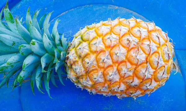 Fresh Pineapple Ripe Pineapple Yellow Blue Ground Tropical Fruit Garden — Stock Photo, Image
