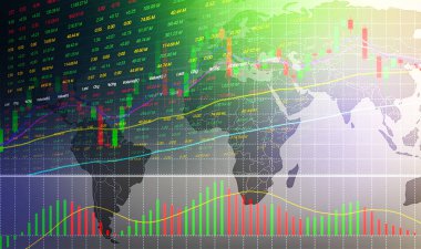 Borsa veya grafik ve şamdan grafiği dünya haritası üzerinde ticaret / yatırım forex ve borsa kar göstermek-in borsa Piyasası Kurulu