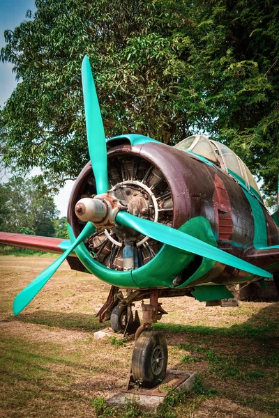 old military airplane for soldier warrior in the world war in the park - old aircraft engine / retro aviation camouflage pattern