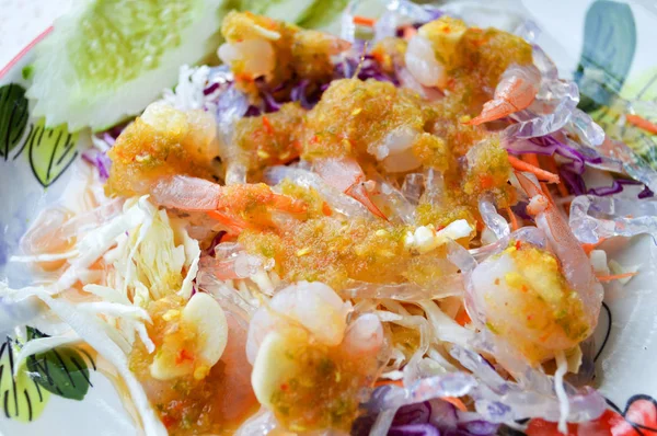 Salade Épicée Crevettes Fraîches Avec Sauce Piment Vermicelles Légumes Thaï — Photo