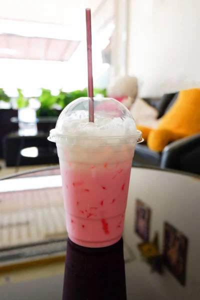 Strawberry Milk Pink Shake Iced Pink Milk Plastic Cup Straw — Stock Photo, Image