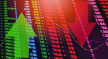 Kırmızı ve yeşil okları borsa piyasa analizi / stok kriz kırmızı fiyat grafik düşme ve kar büyüme yukarı yeşil ok / hisse senedi veya forex iş ve finans para - ekonomik enflasyon ve deflasyon