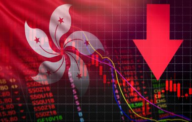 hong kong stock exchange crisis red price arrow down chart fall / hangseng stock exchange market analysis forex graph business money crisis moving down inflation deflation with flag of hong kong clipart